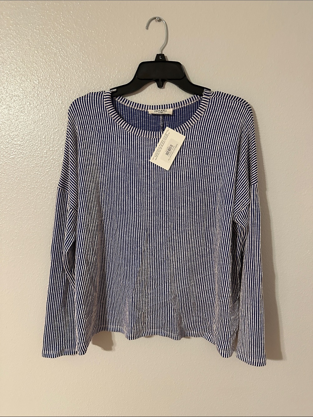 Zenana Navy and White Striped Long-Sleeve Crewneck Top